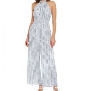 Moon River Halter Neck Jumpsuit Light Blue White Polka Dots Size M